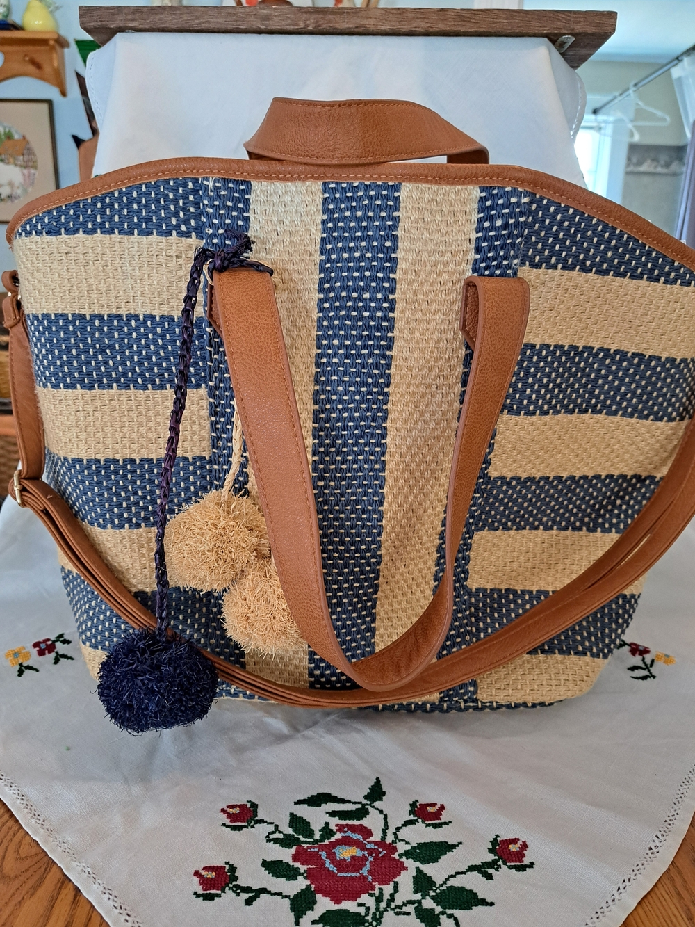 JustFab Navy and Natural Woven Straw Tote with Tan Trim